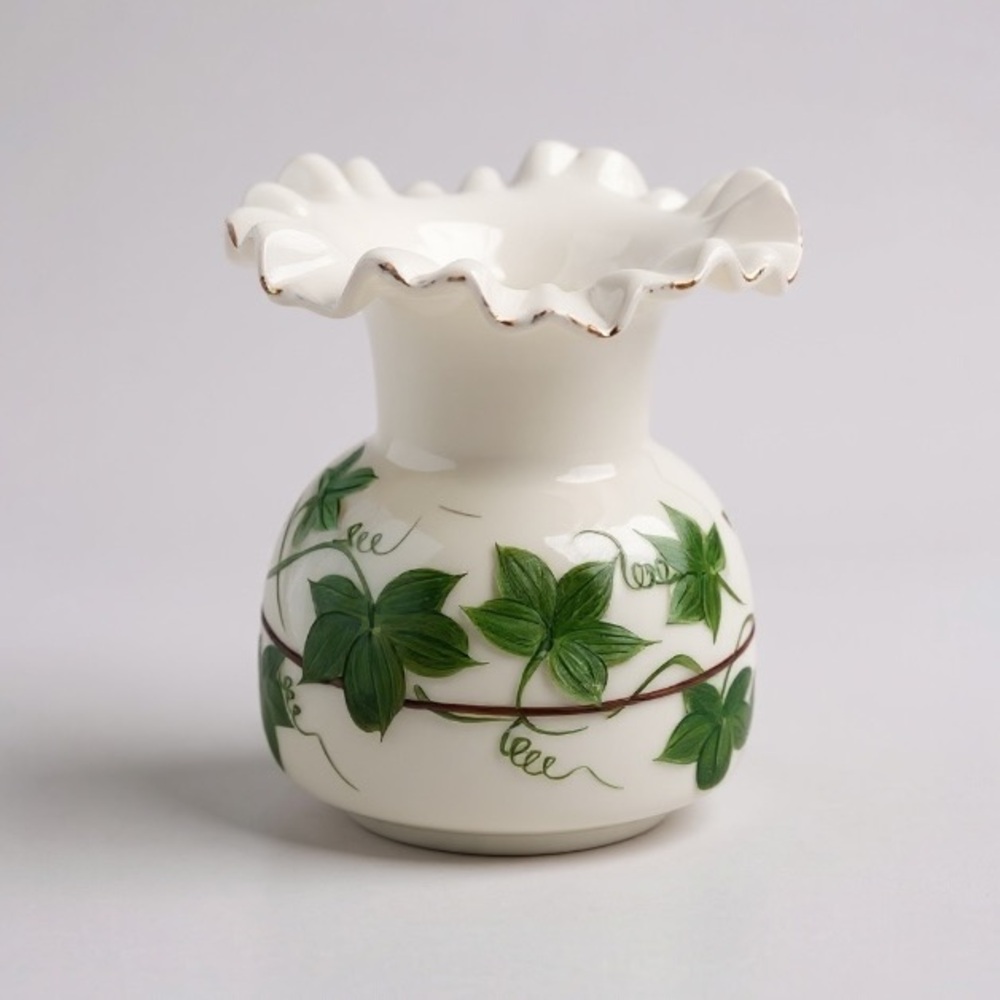Consolidated Vintage White Glass Vase Hand Painted Ivy Ruffled Top